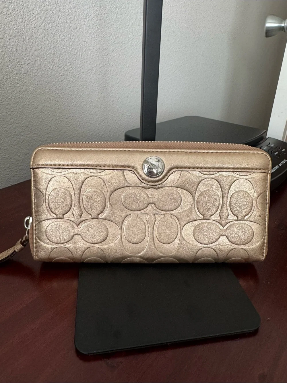 Coach Pearlized Gold Signature C Embossed Leather Zip Around Wallet